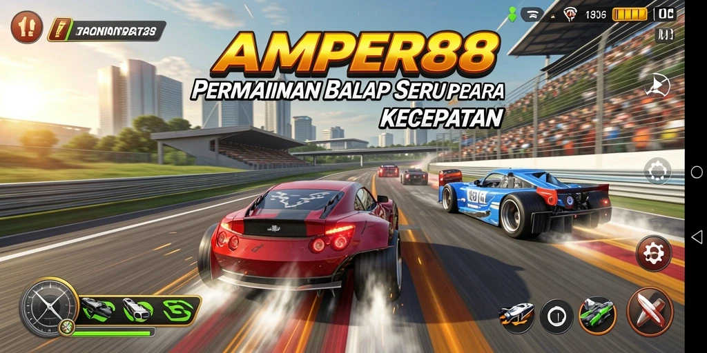 Gameplay seru AMPER88 saat mobil melaju kencang di lintasan balap.