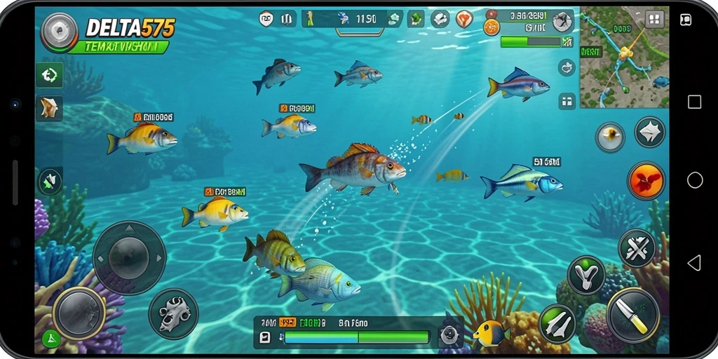 Tampilan gameplay seru DELTA575 dengan aksi menembak ikan.