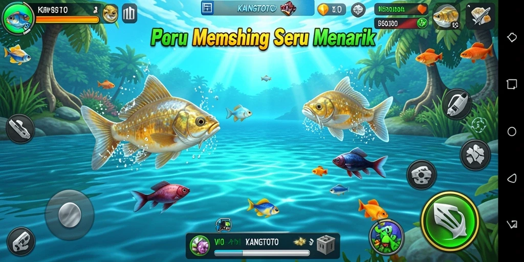 Screenshot gameplay KANGTOTO yang menunjukkan aksi memancing yang seru.