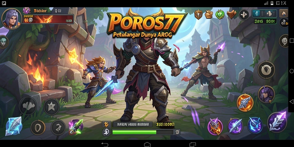 Screenshot utama POROS77 menampilkan pertarungan epik karakter di dungeon.