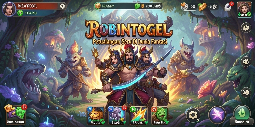 Tangkapan layar utama gameplay ROBINTOGEL yang menunjukkan suasana petualangan.